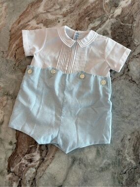 Vintage Feltman Brothers Baby Boy Suit Gingham Blue Shorts Holiday White Set